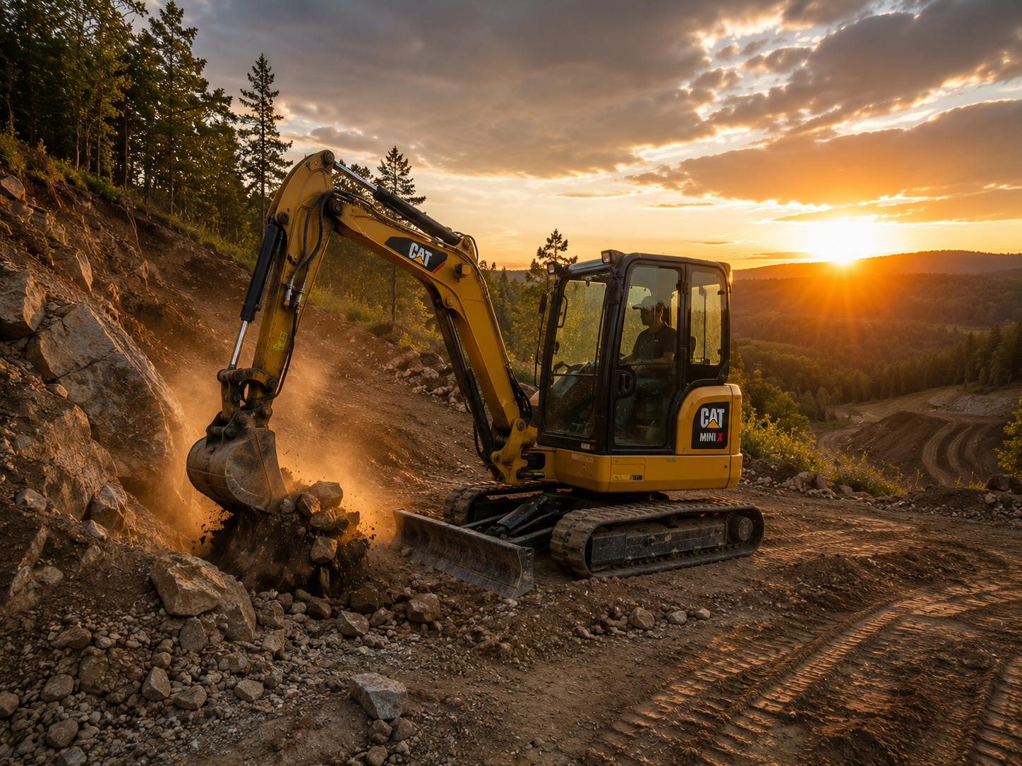 Mini excavator at sunset